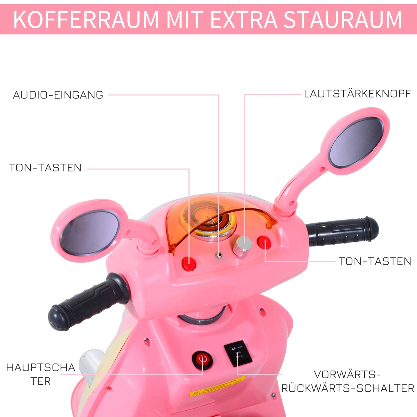 HOMCOM Kinder Elektromotorrad Dreirad – 6V Elektrofahrzeug Rosa-Gelb - Fasnacht24.ch