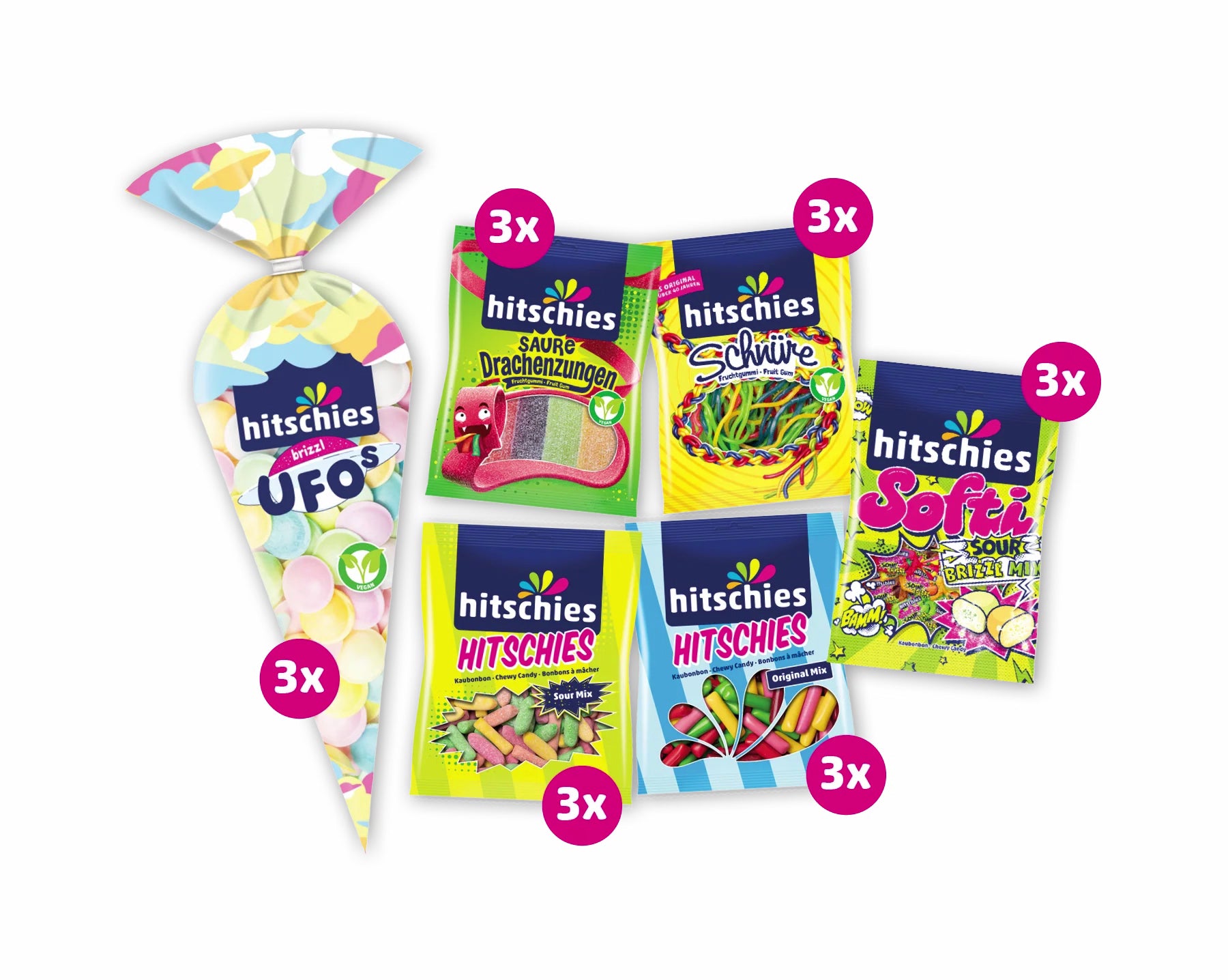 Bunte Mischung verschiedener Hitschies Süßigkeiten in bunten Verpackungen auf weißem Hintergrund