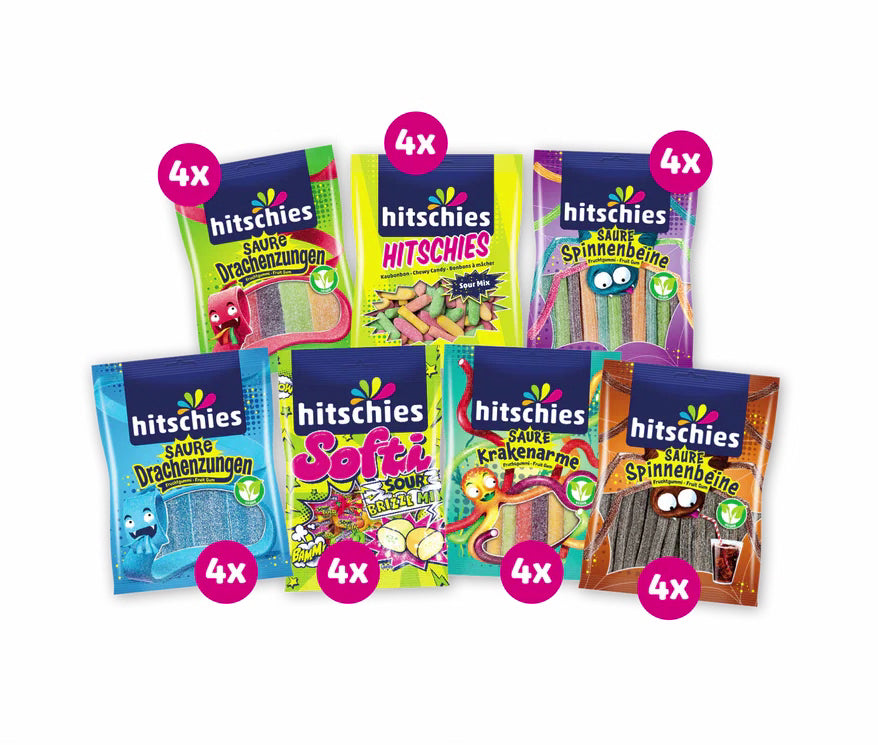 28 bunte Tüten saurer Hitschies Kaubonbons und Fruchtgummis im Mixpaket, 3420 g Gesamtgewicht.