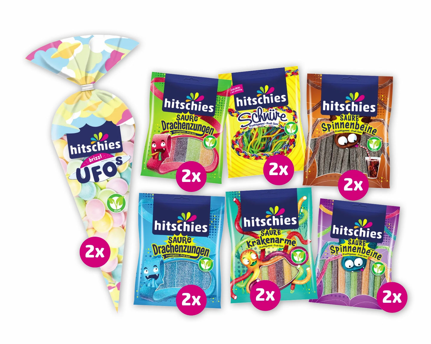 Bunte vegane Süßigkeitenmischung mit Drachenzungen, Spinnenbeinen und UFOs in bunter Verpackung