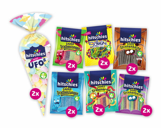 Bunte vegane Süßigkeitenmischung mit Drachenzungen, Spinnenbeinen und UFOs in bunter Verpackung