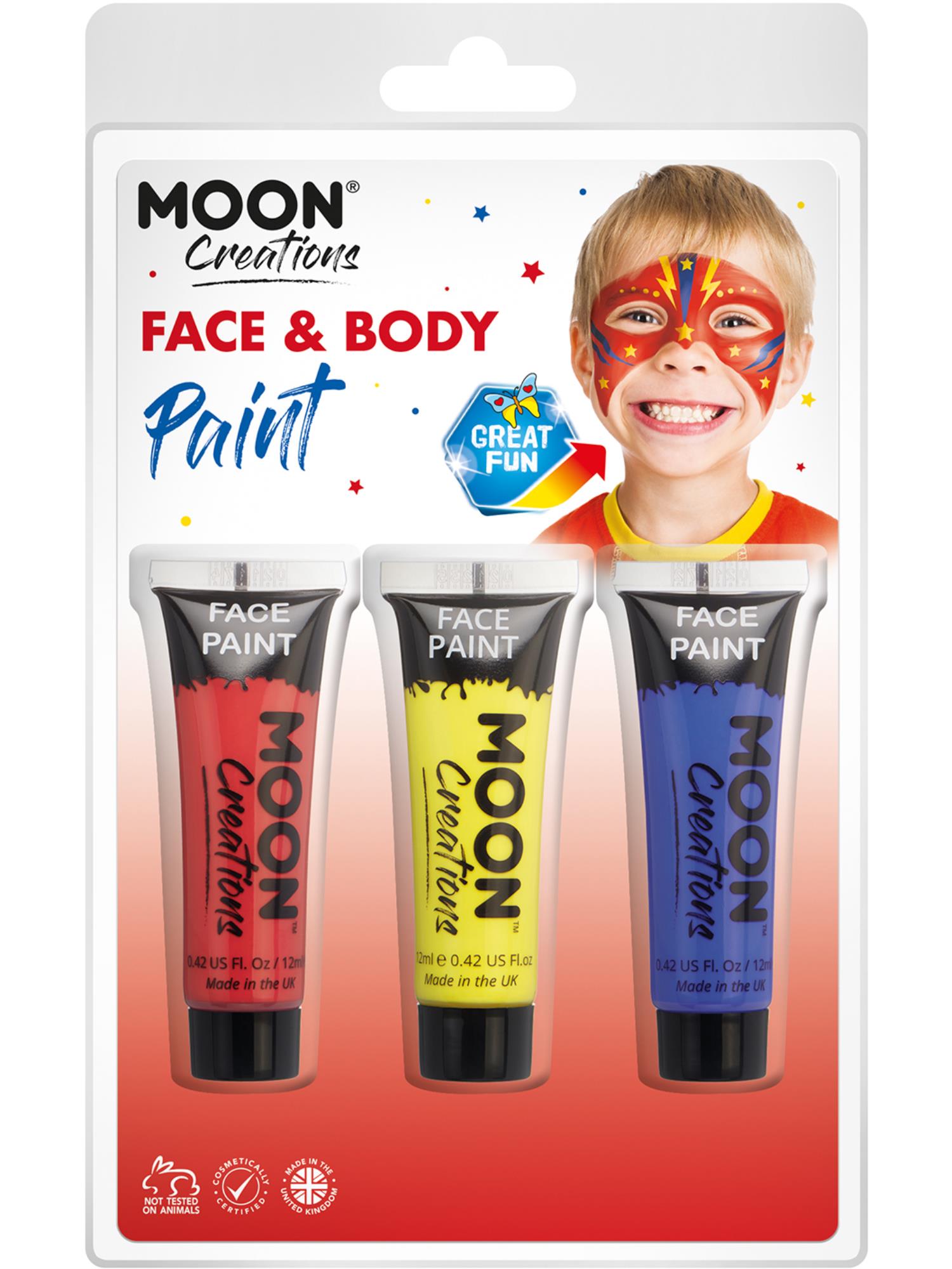 Smiffys Moon Creations Face & Body Paint Superhero in Rot Gelb Blau 12 ml
