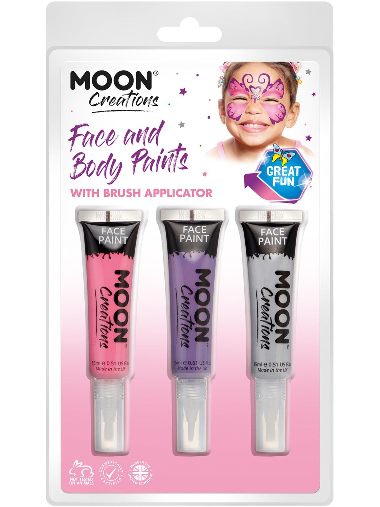 Smiffys Moon Creations Face & Body Paints mit Pinsel in Pink Purple und Grey