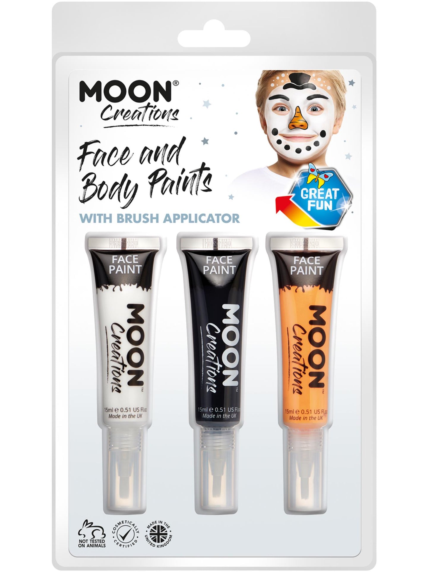 Smiffys Moon Creations Gesichts- und Körperfarben mit Pinsel in Weiss, Schwarz und Orange