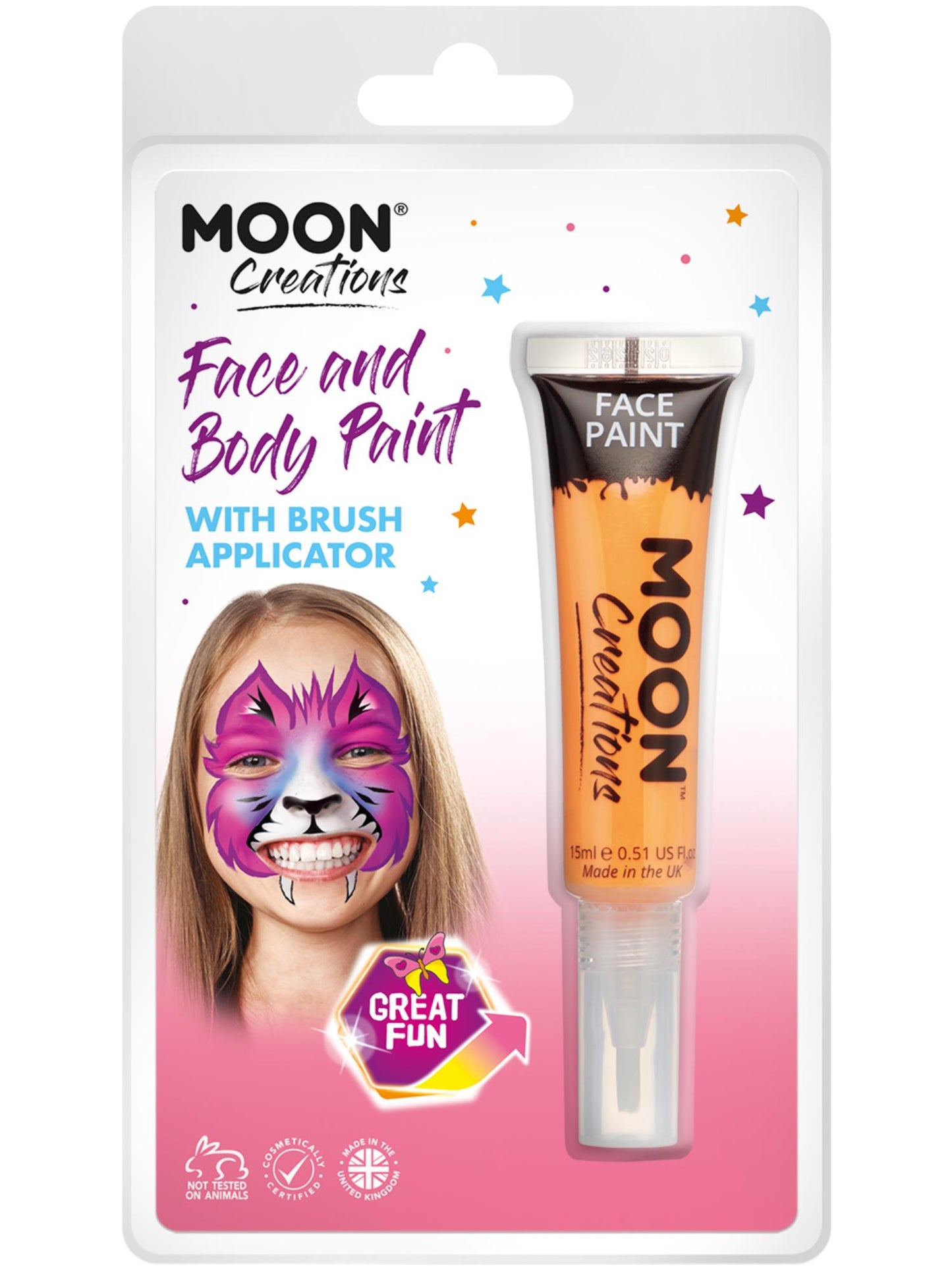 Smiffys Moon Creations Face & Body Paint Orange mit Pinsel-Applikator, 15 ml