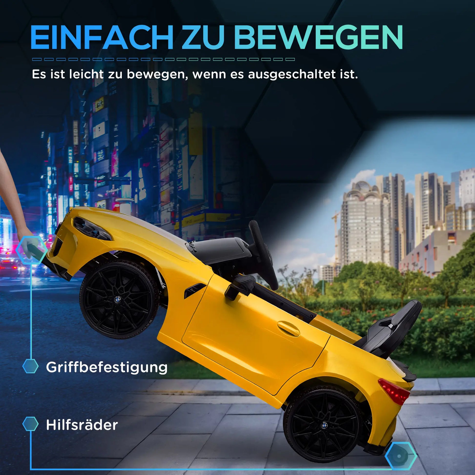 Gelbes BMW M4 Elektro Kinderauto mit Fernbedienung und LED-Scheinwerfern für Kinder ab 3 Jahren