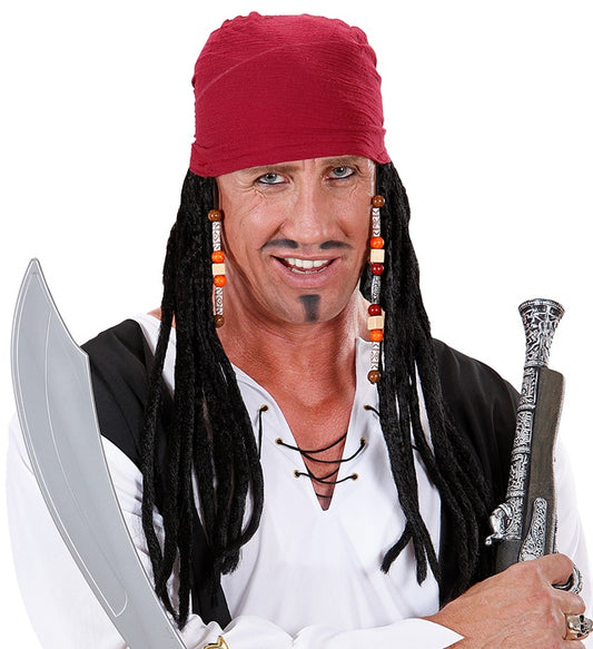 Karibische Piratenbandana mit schwarzen Dreadlocks auf Fasnachtskostüm