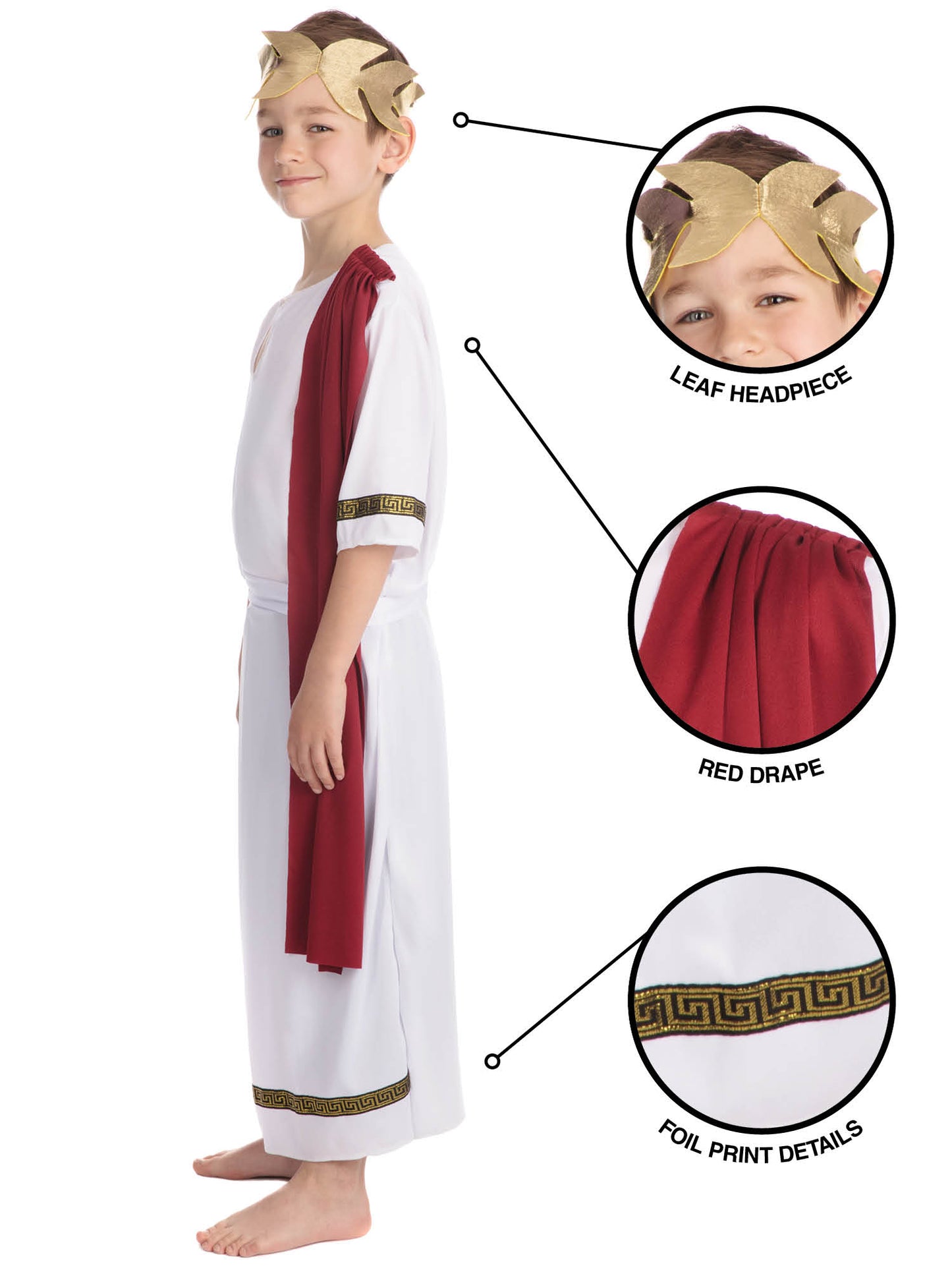 Rubies Roman Emperor Kinderkostüm für Jungen mit Toga, Kopfschmuck und Gürtel – Seitenansicht