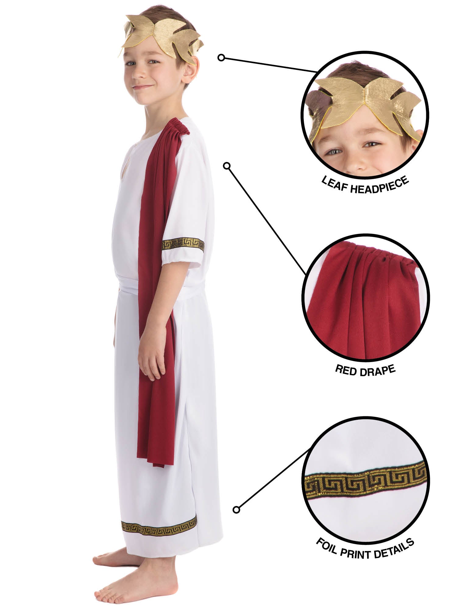 Rubies Roman Emperor Kinderkostüm für Jungen mit Toga, Kopfschmuck und Gürtel – Seitenansicht