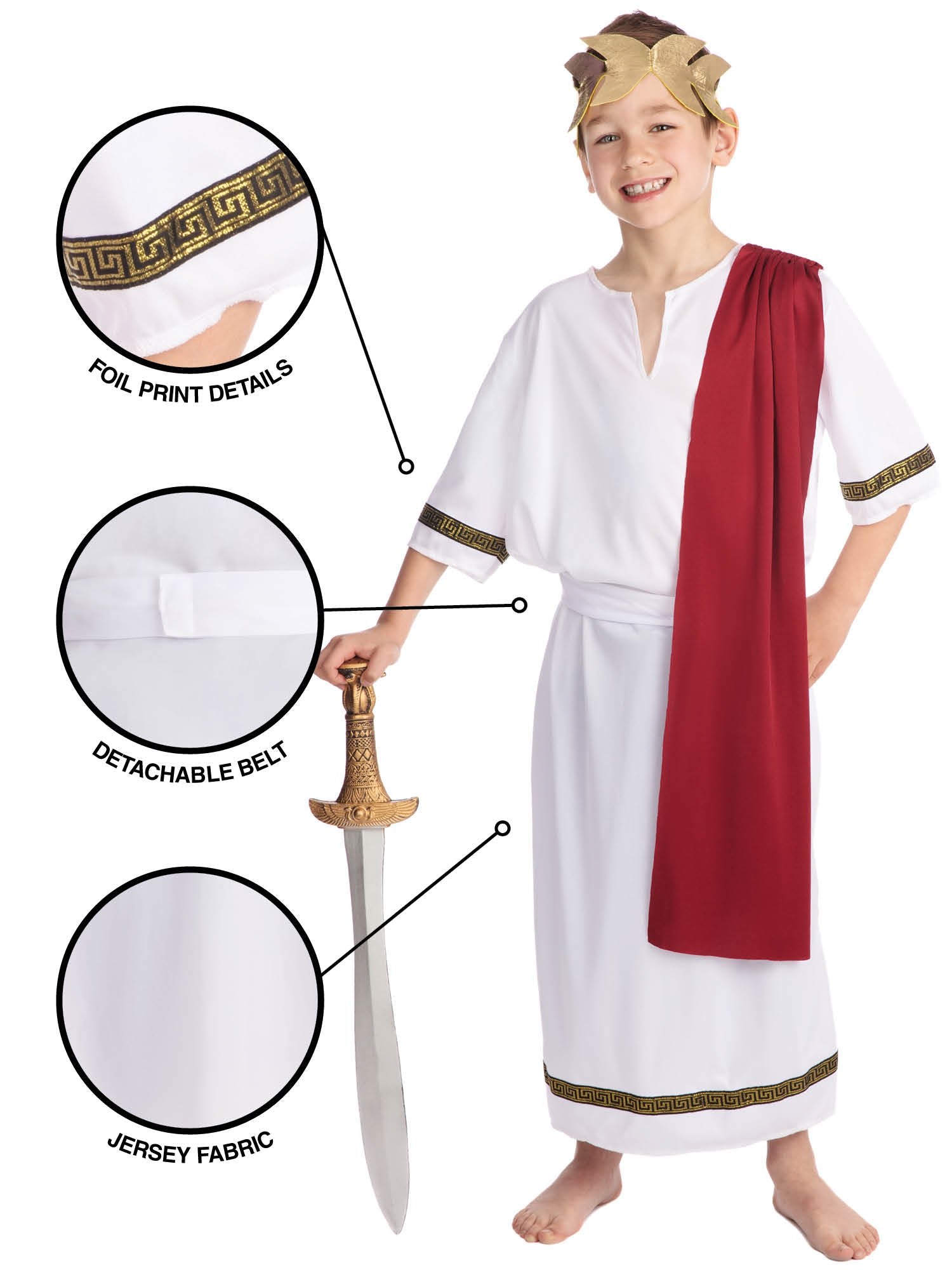 Rubies Roman Emperor Kinderkostüm für Jungen mit Toga, Kopfschmuck und Gürtel – Rückansicht