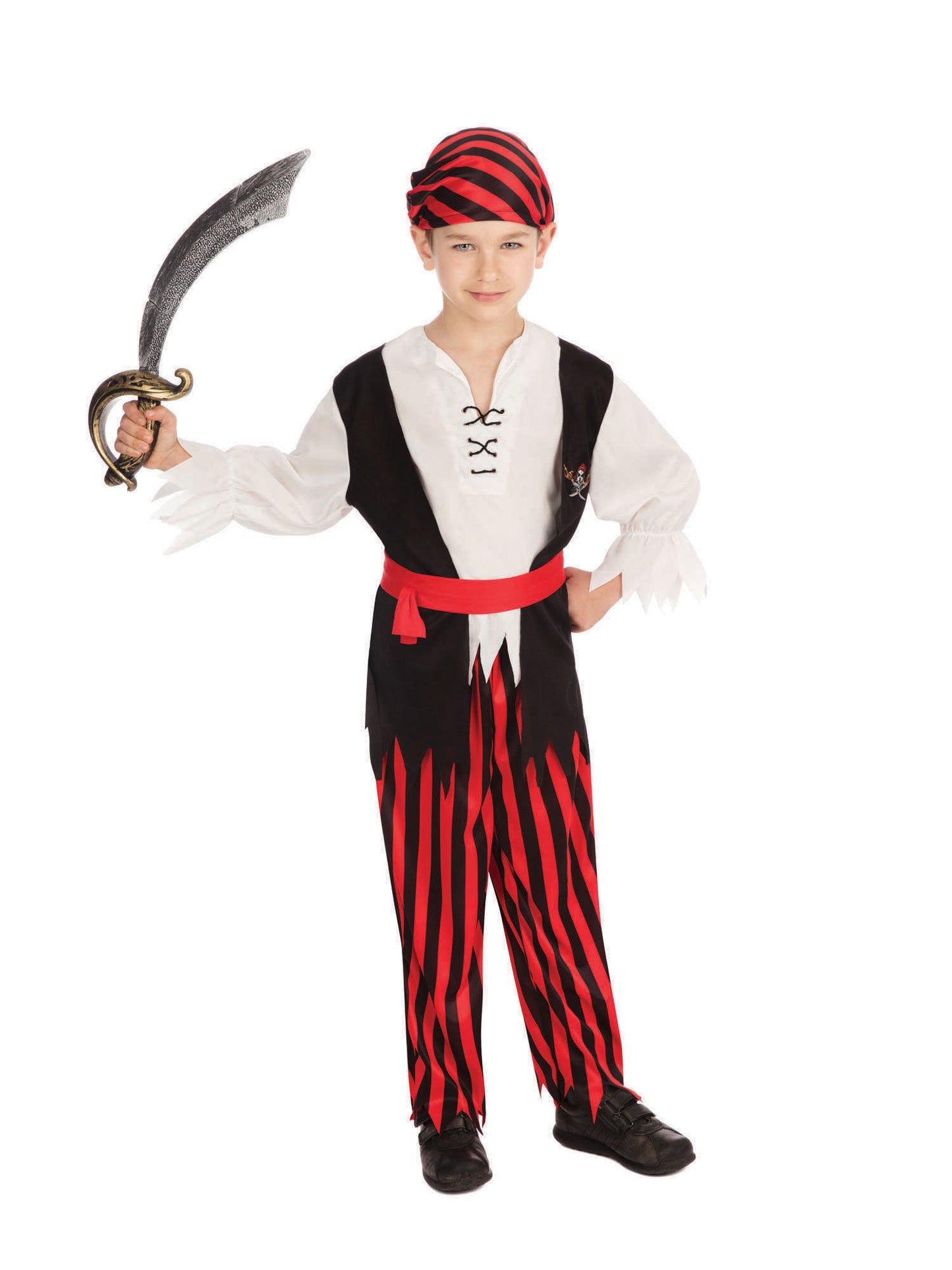 Rubies Pirate Boy Jim Kinderkostüm für Jungen mit Hemd, Weste, Hose, Bandana und Gürtel – Detailansicht