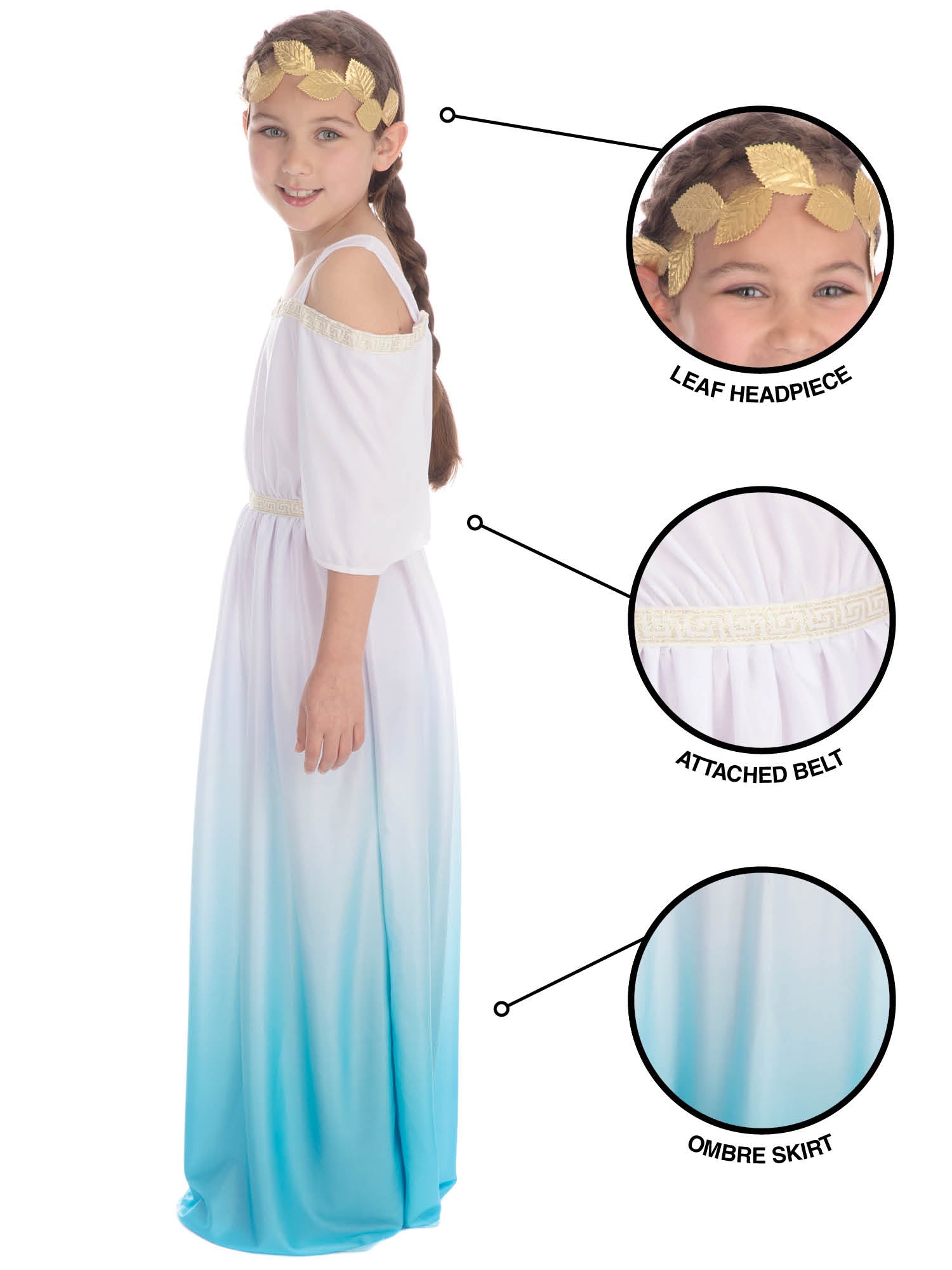 Rubies Roman Goddess Kinderkostüm für Mädchen mit Kleid und Headpiece – Seitenansicht