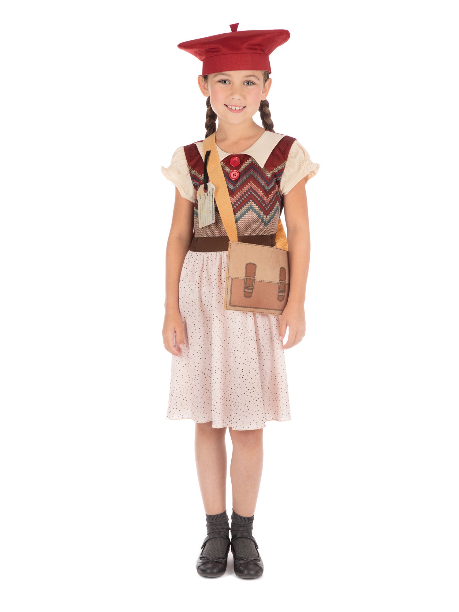 Rubies Evacuee Schoolgirl Kinderkostüm für Mädchen mit Kleid Hut Tasche und Namensschild – Produktansicht