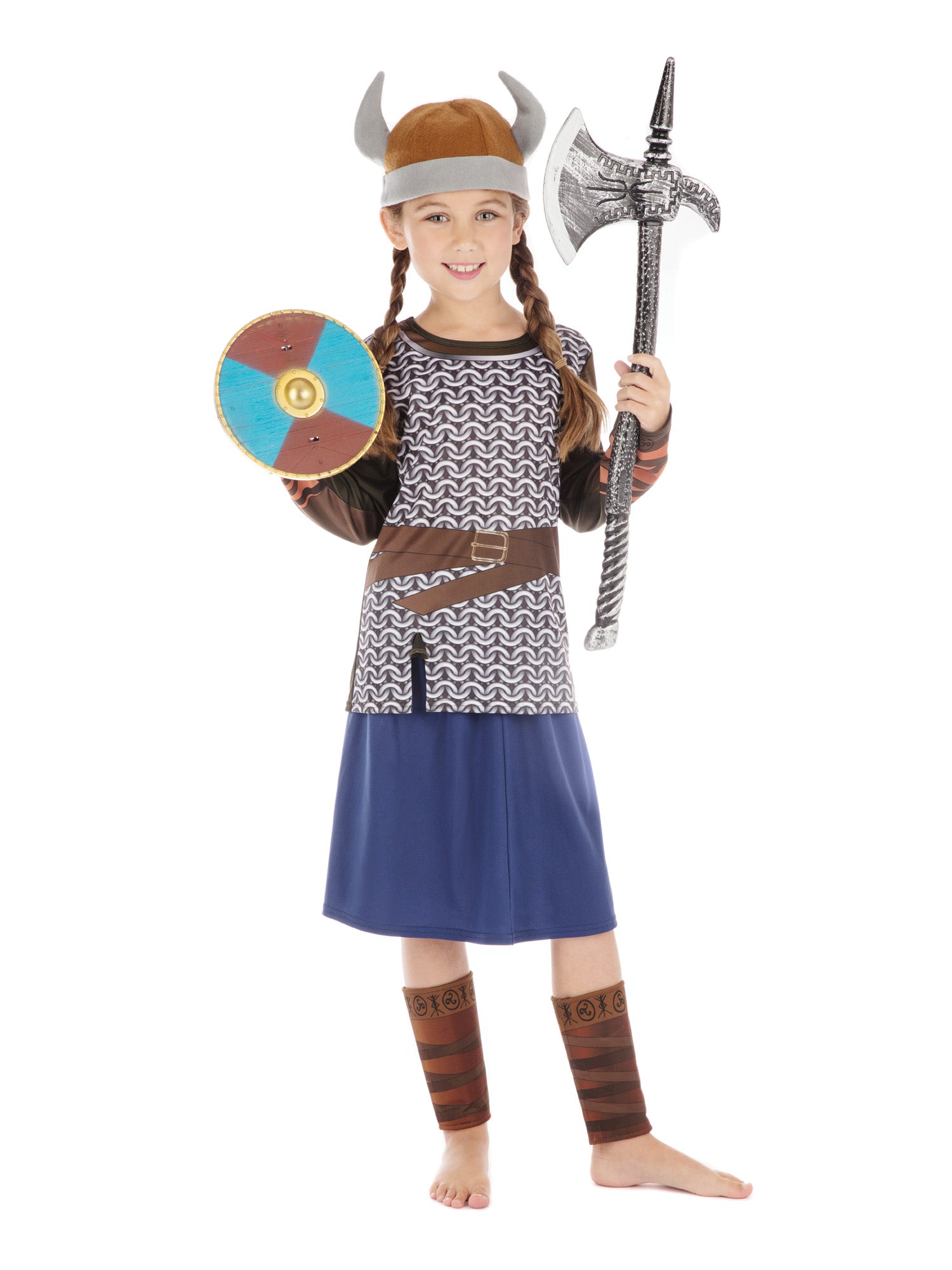 Rubies Viking Girl Kinderkostüm für Mädchen mit Top, Rock, Beinschonern und Hut – Produktansicht