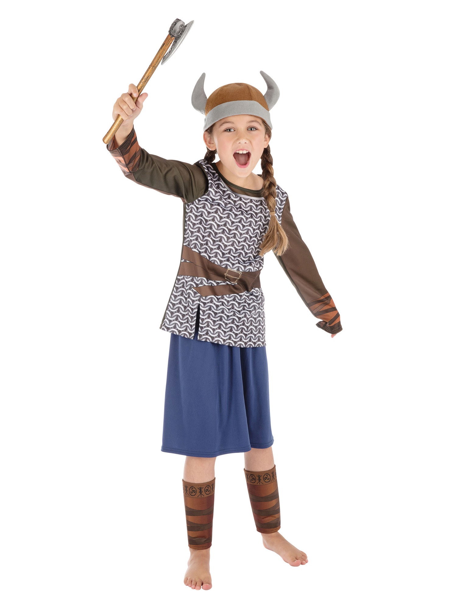 Rubies Viking Girl Kinderkostüm für Mädchen mit Top, Rock, Beinschonern und Hut – Detailansicht
