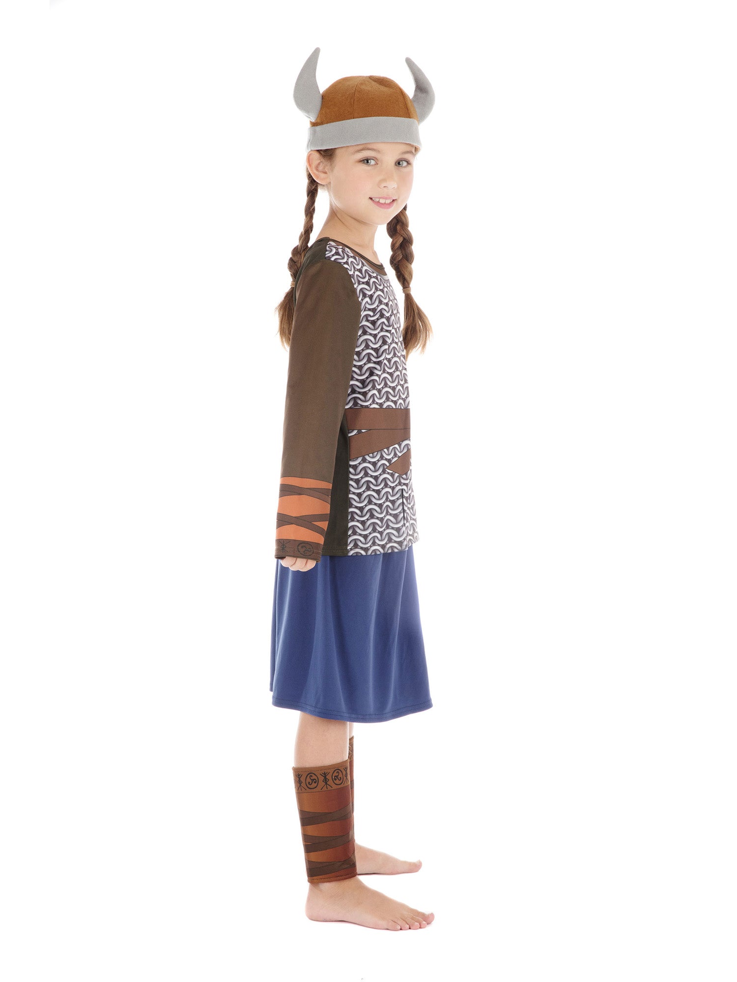 Rubies Viking Girl Kinderkostüm für Mädchen mit Top, Rock, Beinschonern und Hut – Seitenansicht