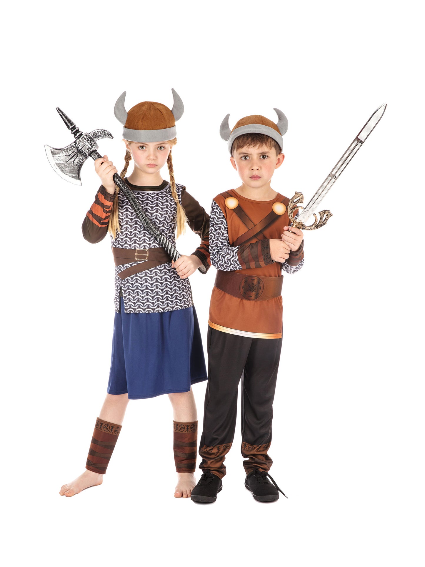 Rubies Viking Girl Kinderkostüm für Mädchen mit Top, Rock, Beinschonern und Hut – Verpackung