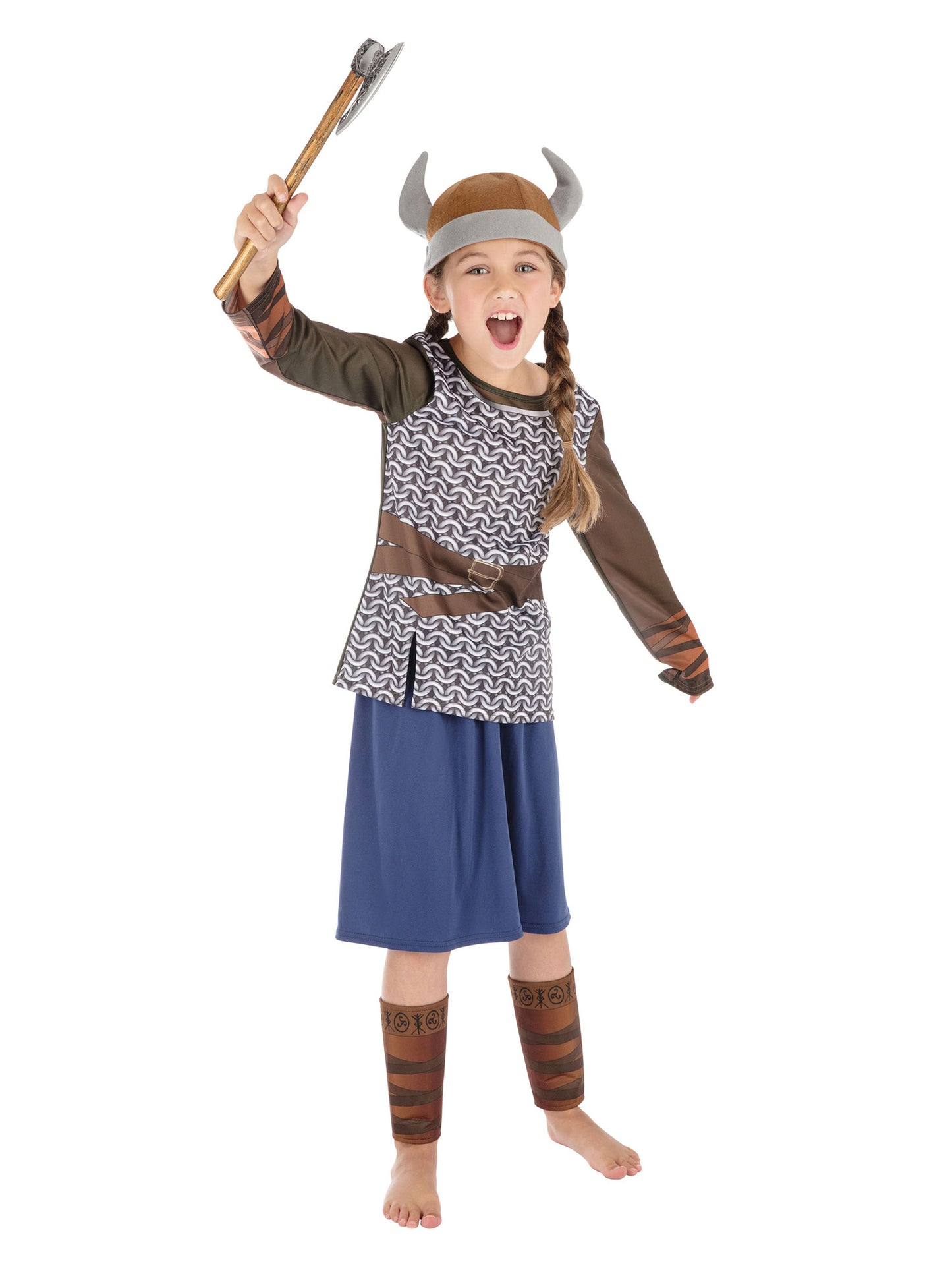Rubies Viking Girl Kinderkostüm für Mädchen mit Top Rock Beinschützern und Hut – Detailansicht