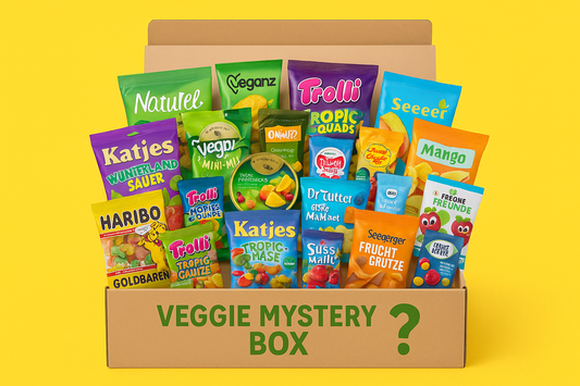 Monatsbox mit bunten, veganen Fruchtgummis in verschiedenen Geschmacksrichtungen.