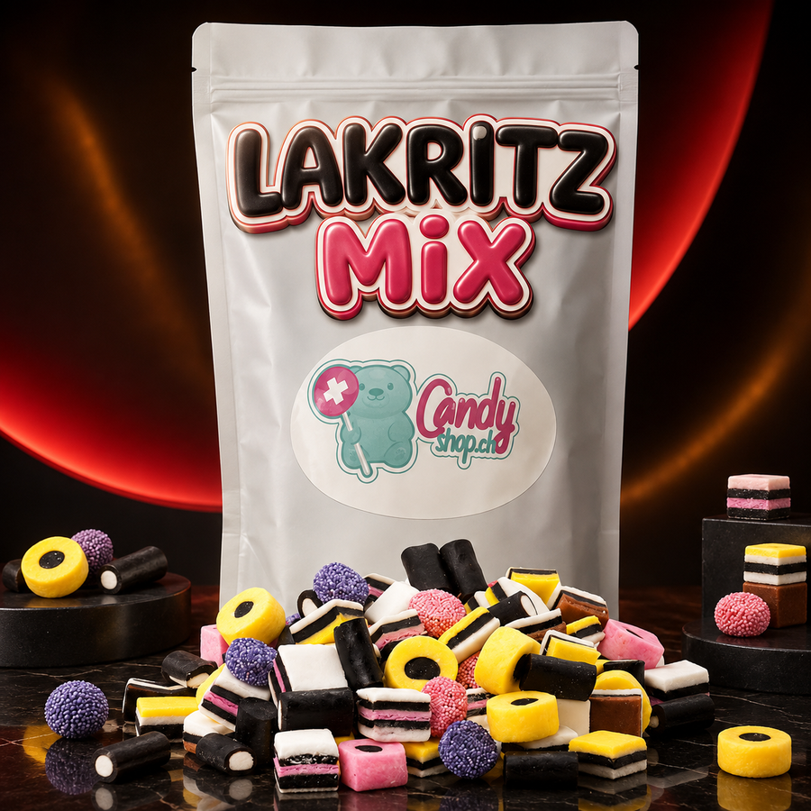 Candyshop.ch Lakritz Mix Sweet Bag 1 kg mit Lakritz- und Fruchtgummi-Süssigkeiten – Produktansicht