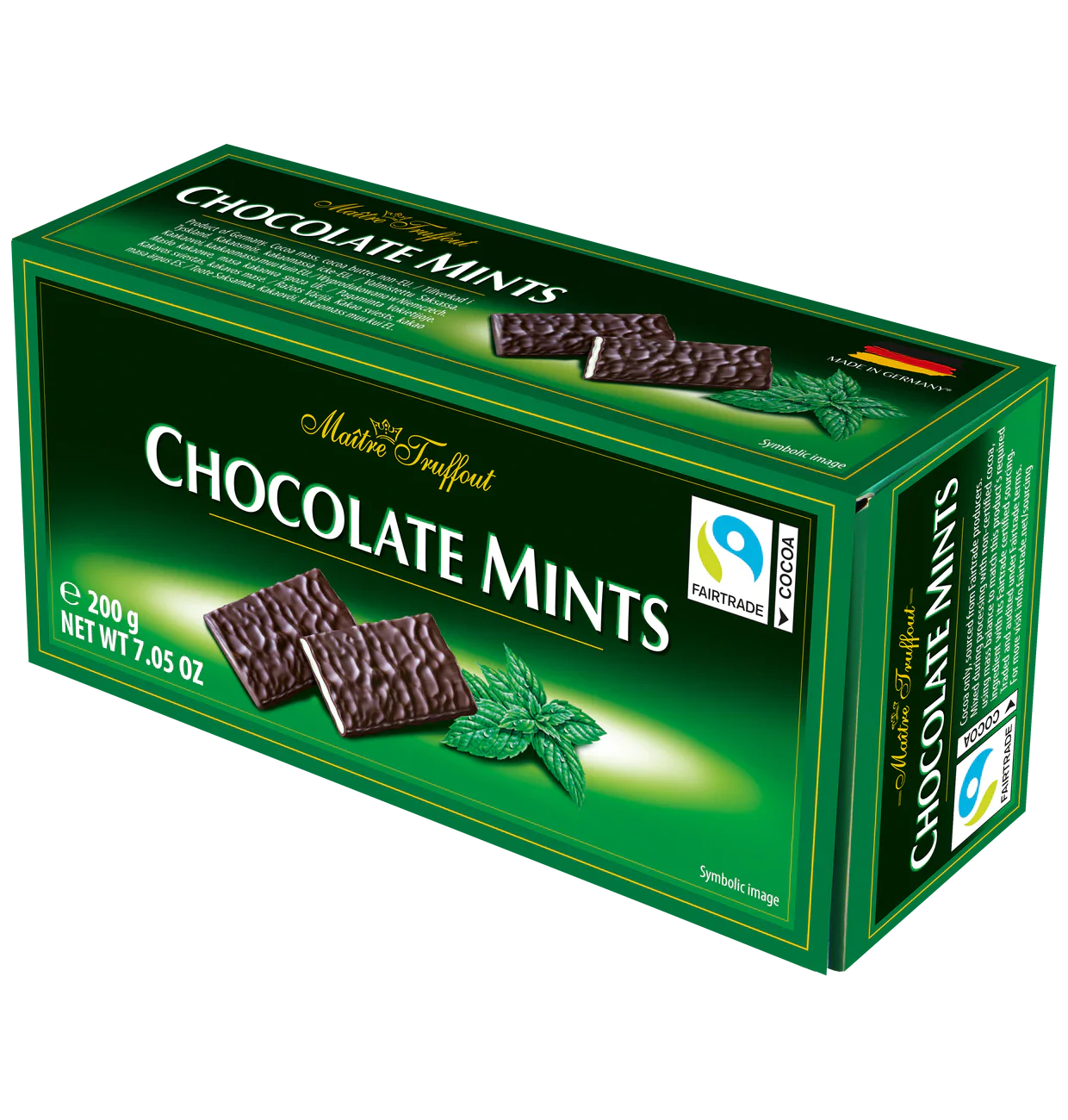 Maître Truffout Chocolate Mints Zartbitter Täfelchen Minze 200g – Produktansicht