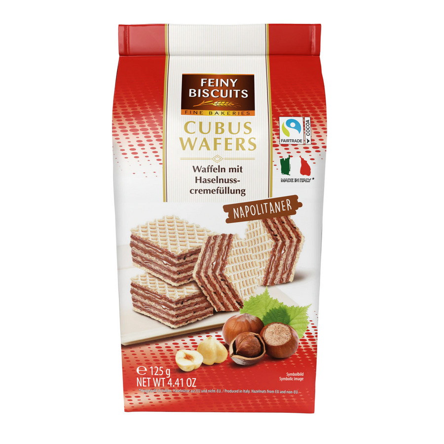 Feiny Biscuits Cubus Wafers Napolitaner Haselnuss 125 g – knusprige Waffeln mit Haselnussfüllung