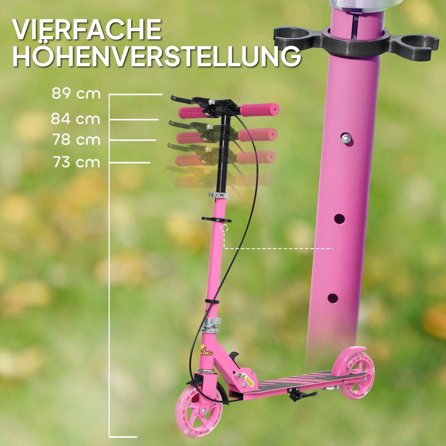 Rosa Kinderroller mit Metallrahmen, doppelten Bremsen und höhenverstellbarem Lenker.