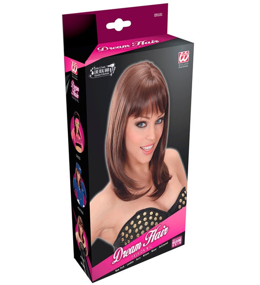 "PERÜCKE ASHLEY BRAUN" (gestuftes Haar mit Pony) in farbiger Box Braun