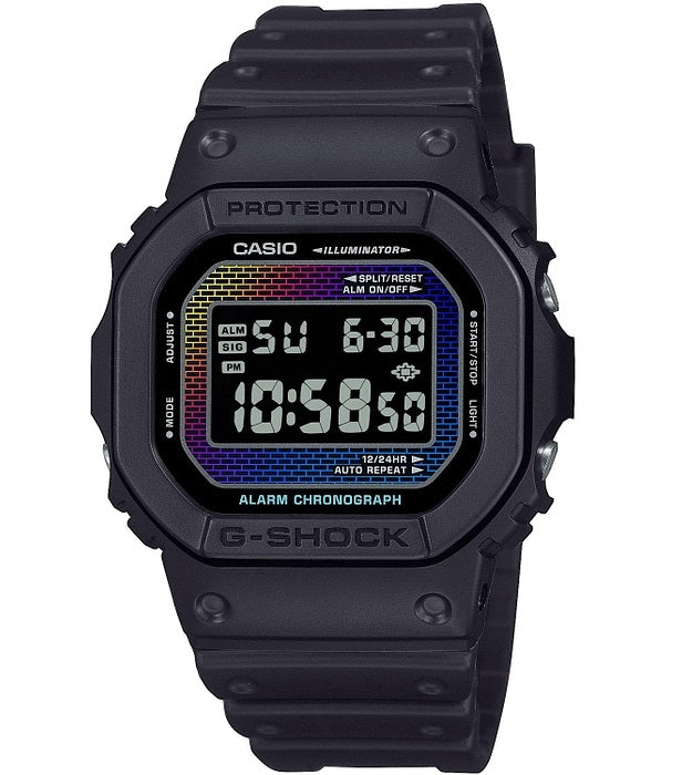 CASIO G-SHOCK DW-5600RW-1ER THE ORIGIN Rainbow Brick Wall digitale Armbanduhr – Detailansicht