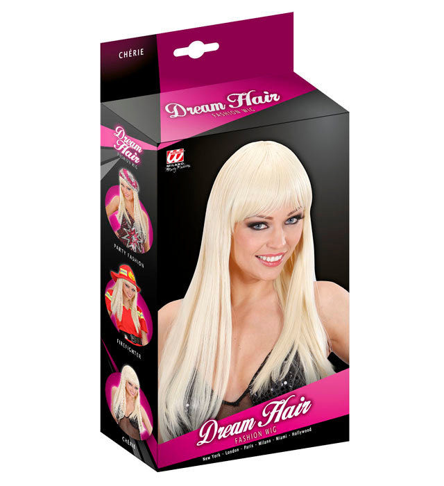 Perücke Chérie Blond mit glattem Haar und Pony in farbiger Box