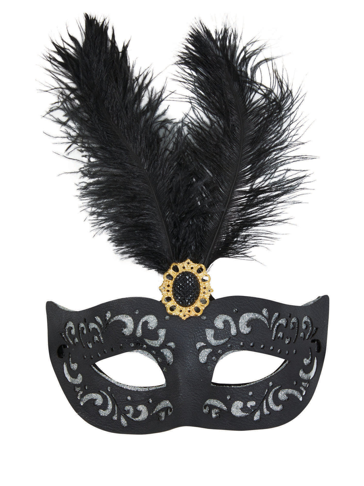 Rubies Black Eyemask W/Tall Feather + Stone Eye Masks