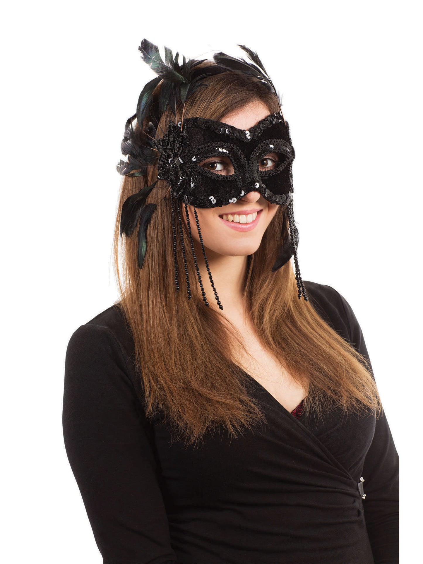 Rubies Black Velvet Samt-Augenmaske mit Federn in Schwarz