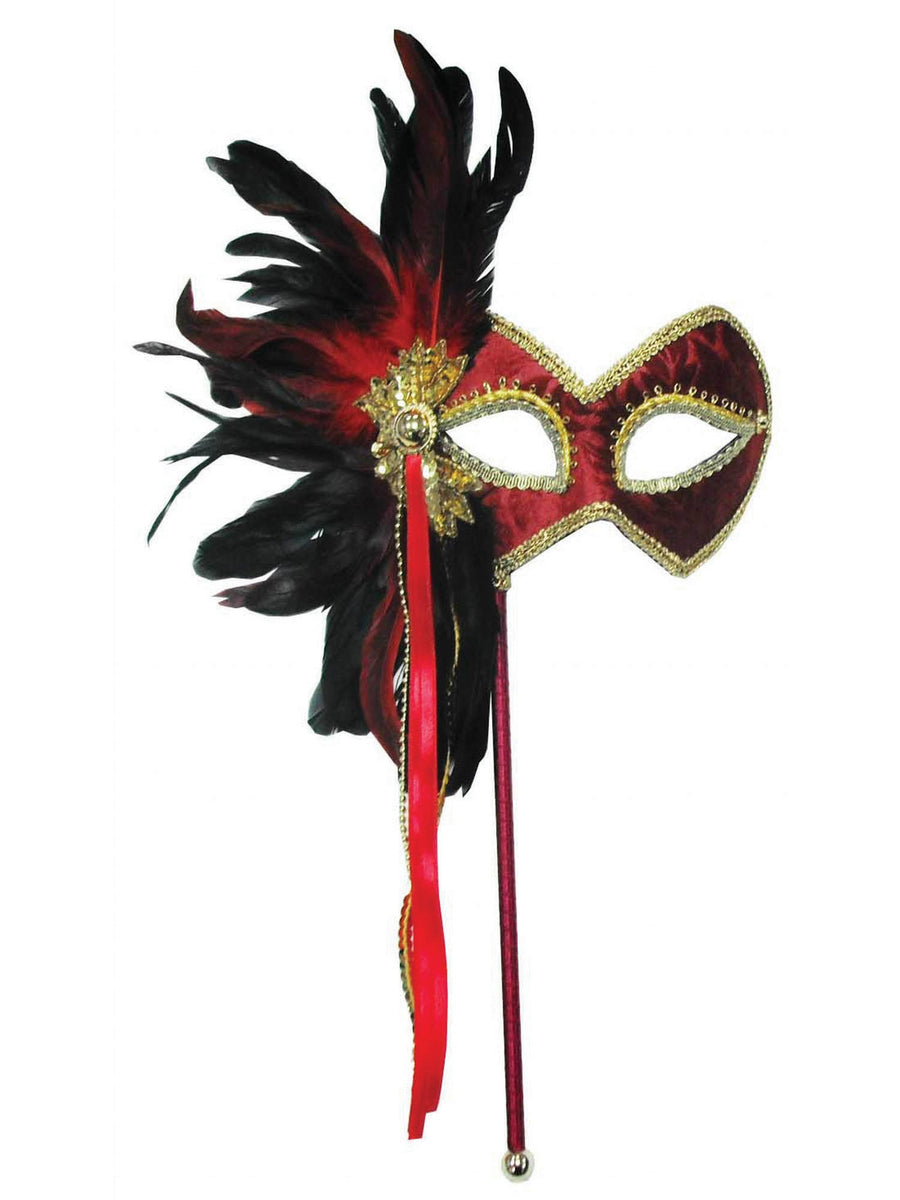 Rubies Rubies Red Mask & Feathers On Stick Eye Masks