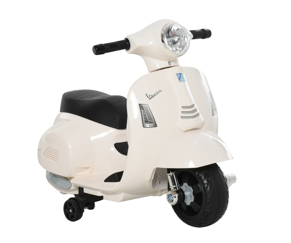 Weißes HOMCOM Vespa Elektro-Kinderfahrzeug mit LED-Licht und Stützrädern für Kleinkinder