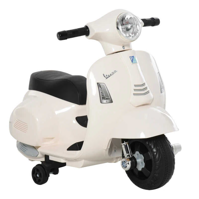 Weißes HOMCOM Elektro-Motorrad für Kleinkinder mit LED-Scheinwerfern und breitem Sitz.