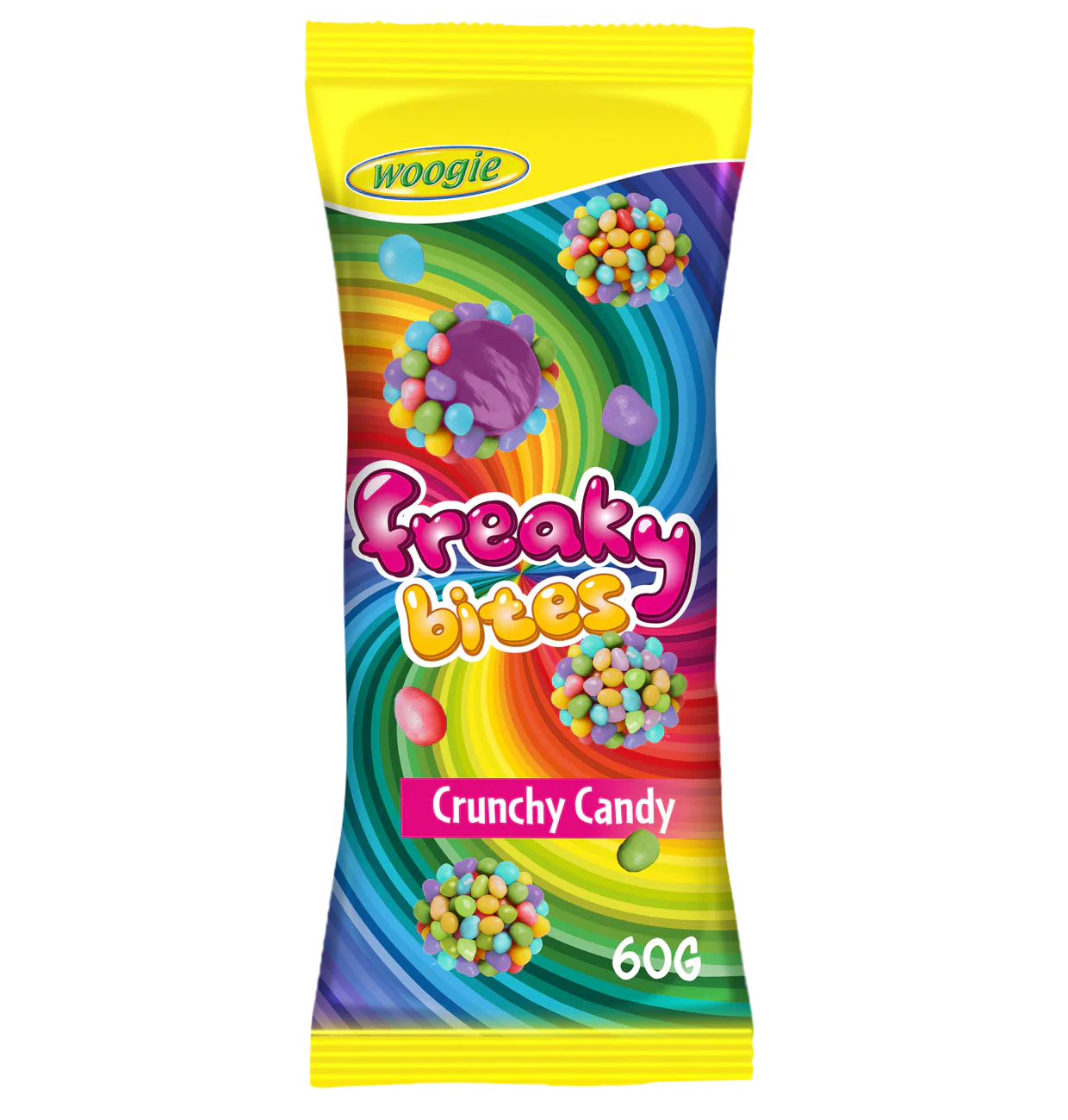 Woogie Freaky Bites 60g Fruchtgummi Bonbons in bunter Zuckerperlen-Hülle – Produktansicht