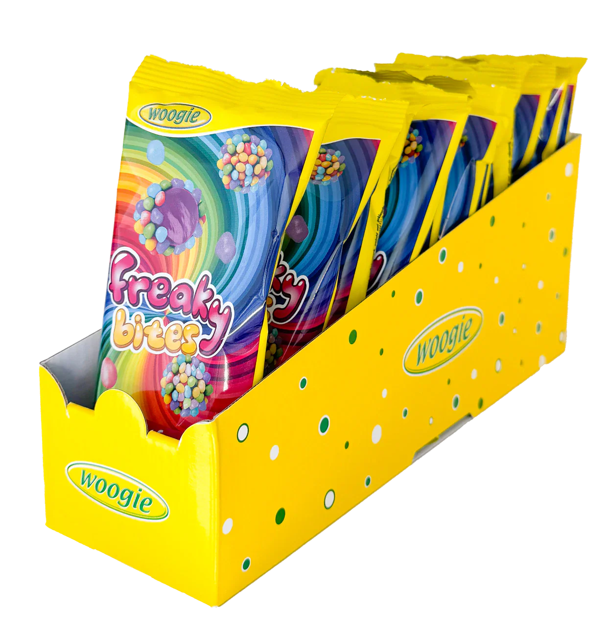 Woogie Freaky Bites 60g Fruchtgummi Bonbons in bunter Zuckerperlen-Hülle – Detailansicht