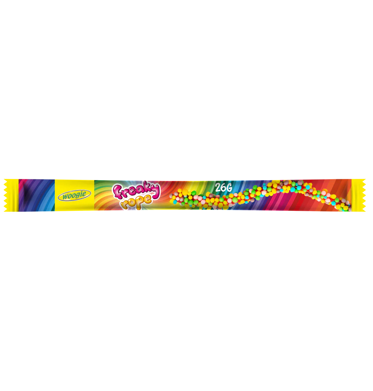 Woogie Freaky Rope 26g Fruchtgummi Schlange mit Erdbeergeschmack mit Ummantelung aus bunten Zucker Perlen – Produktansicht