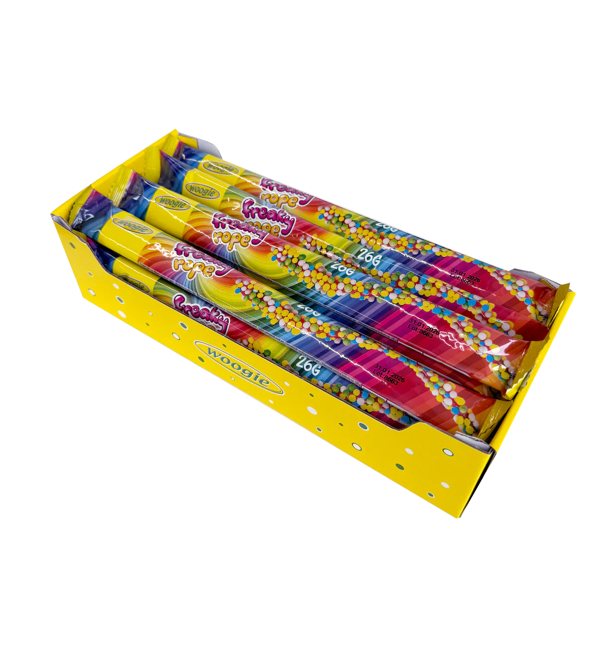 Woogie Freaky Rope 26g Fruchtgummi Schlange mit Erdbeergeschmack mit Ummantelung aus bunten Zucker Perlen – Detailansicht