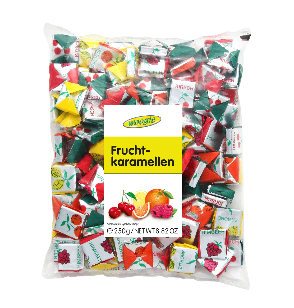 Woogie Fruchtkaramellen 250g Produktansicht und Detailansicht – Produktansicht
