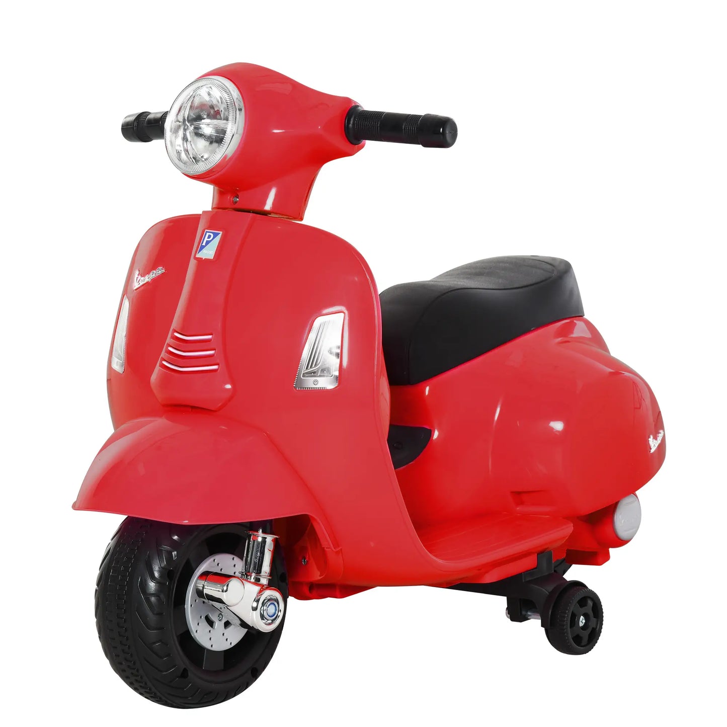 Rotes HOMCOM Vespa Elektromotorrad für Kinder mit LED-Scheinwerfer und stabilen Reifen.