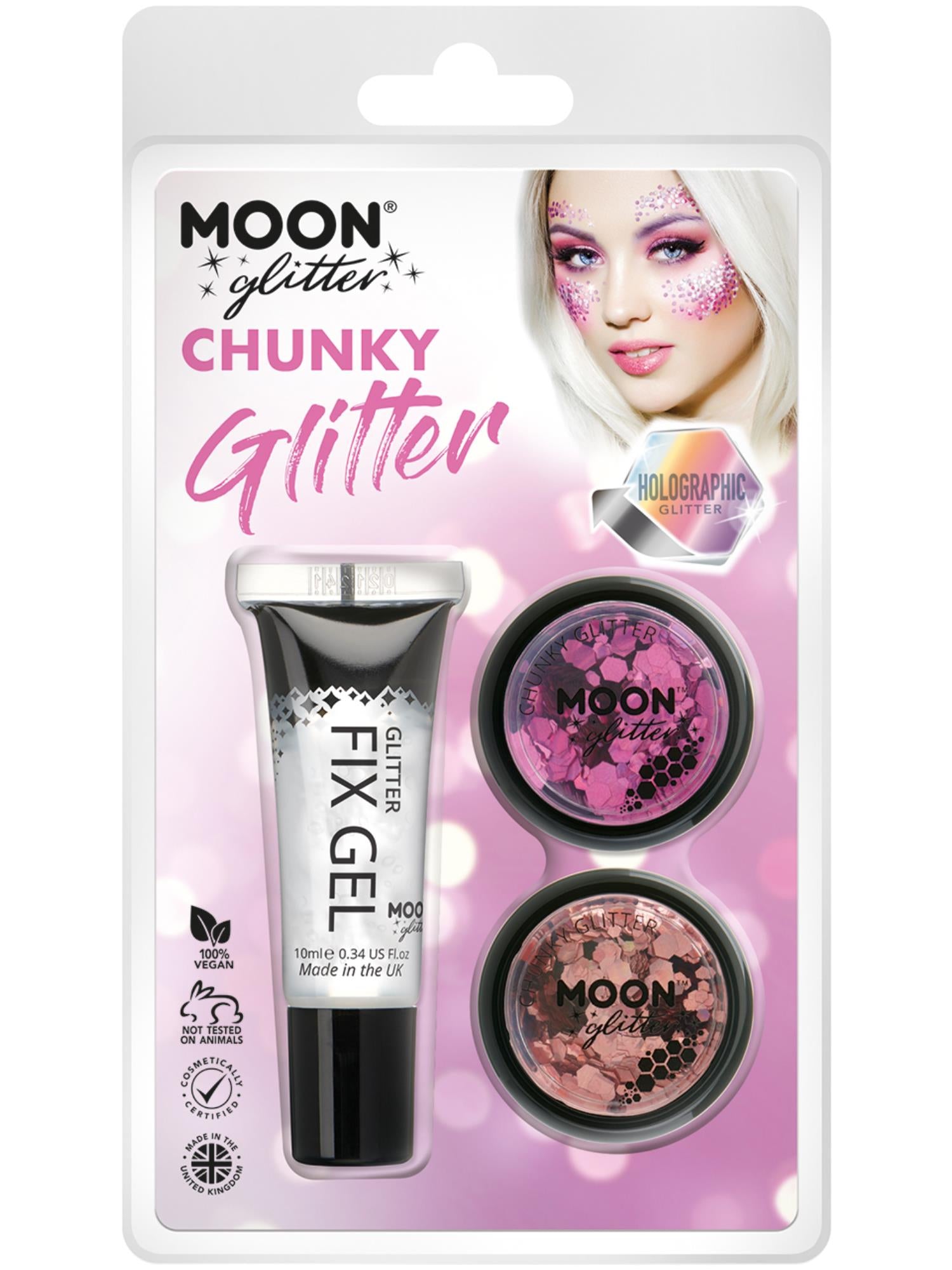 Smiffys Moon holografisches Chunky Glitter in Pink und Rose Gold mit Fix Gel, 3 g