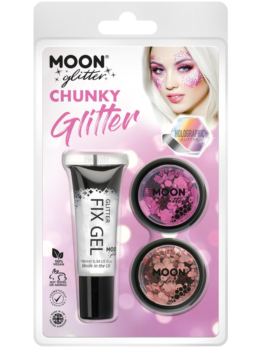 Smiffys Moon holografisches Chunky Glitter in Pink und Rose Gold mit Fix Gel, 3 g
