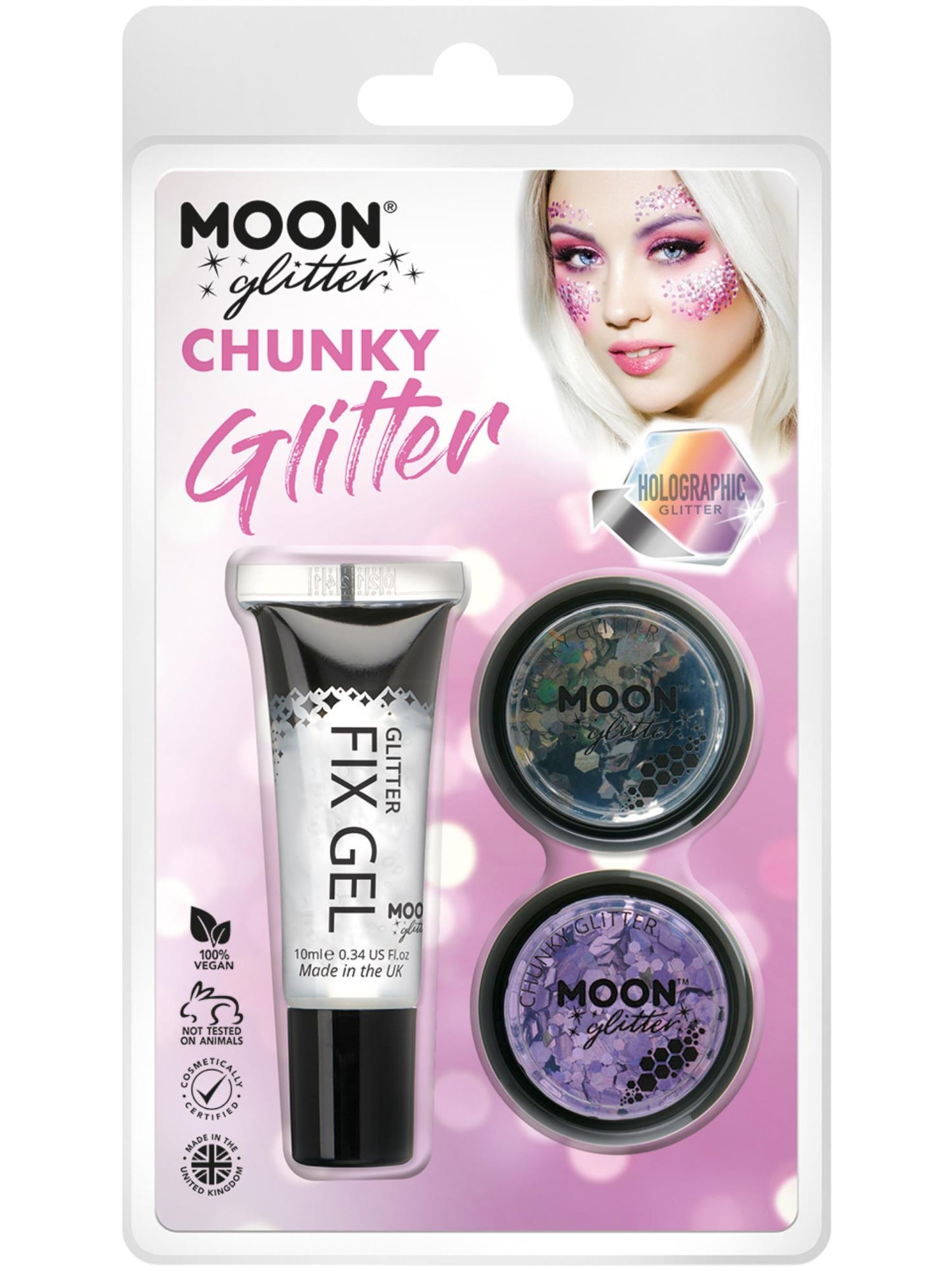 Smiffys Moon Glitter Holographic Chunky Glitter 3 g mit Fix Gel in Black und Purple
