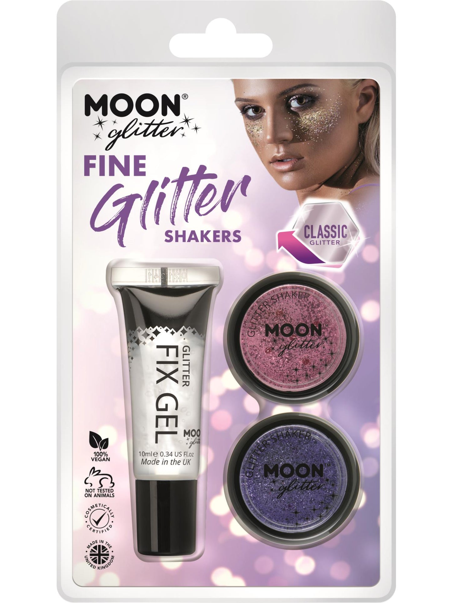 Smiffys Moon Glitter Classic Fine Glitter Shakers mit Fix Gel in Pink und Purple