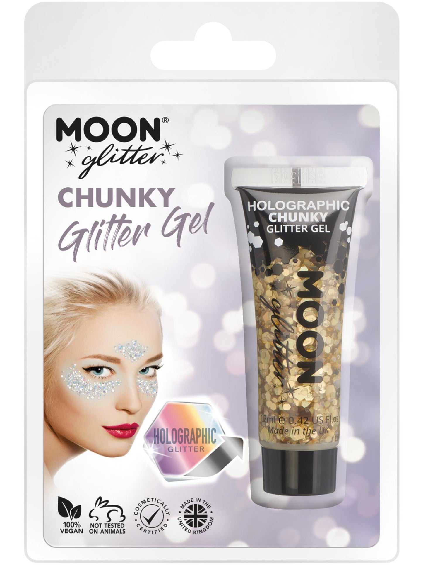 Smiffys Moon holografisches Chunky Glitter Gel Gold 12 ml