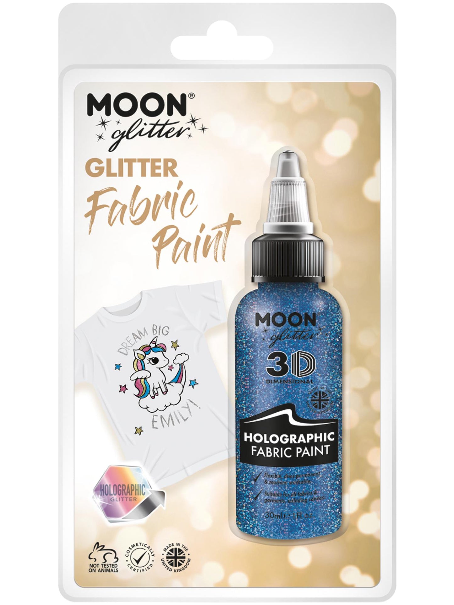 Smiffys Moon Glitter holografische blaue Stofffarbe 30 ml