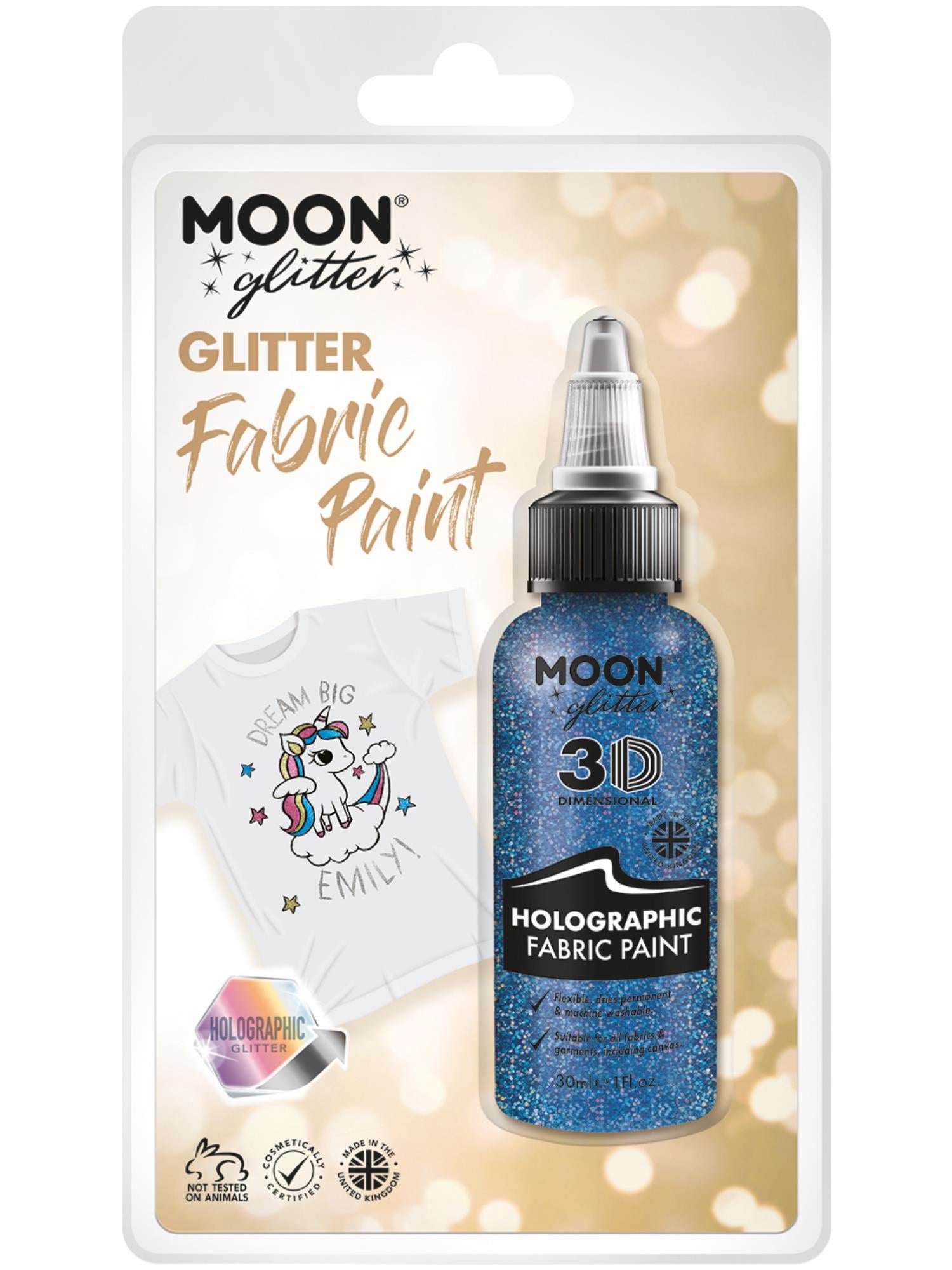 Smiffys Moon Glitter holografische blaue Stofffarbe 30 ml