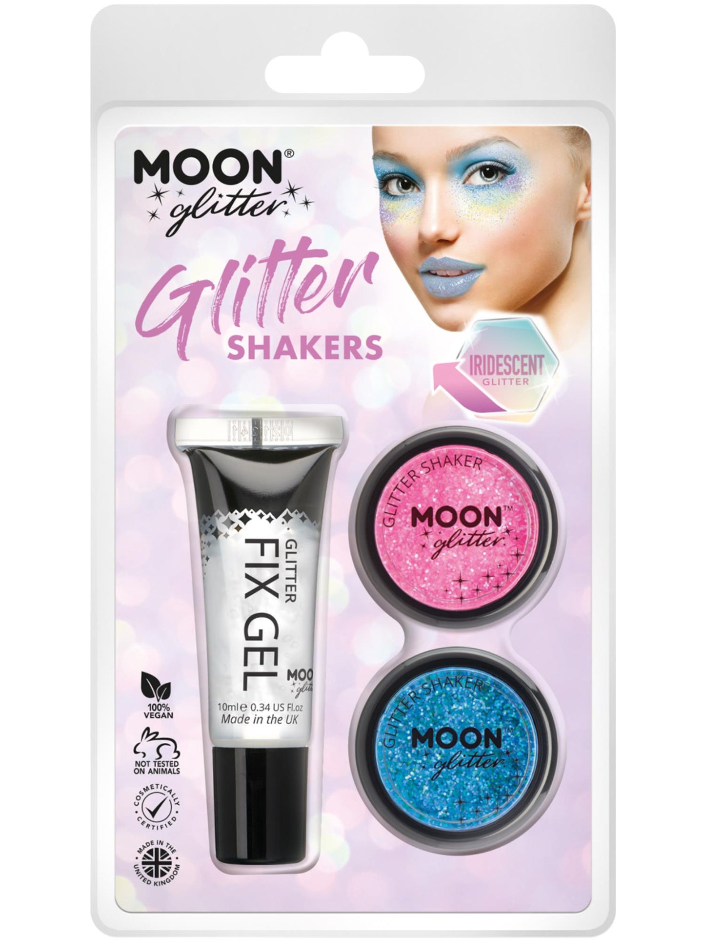 Smiffys Moon Glitter Iridescent Glitter Shakers mit Fix Gel in Pink und Blue