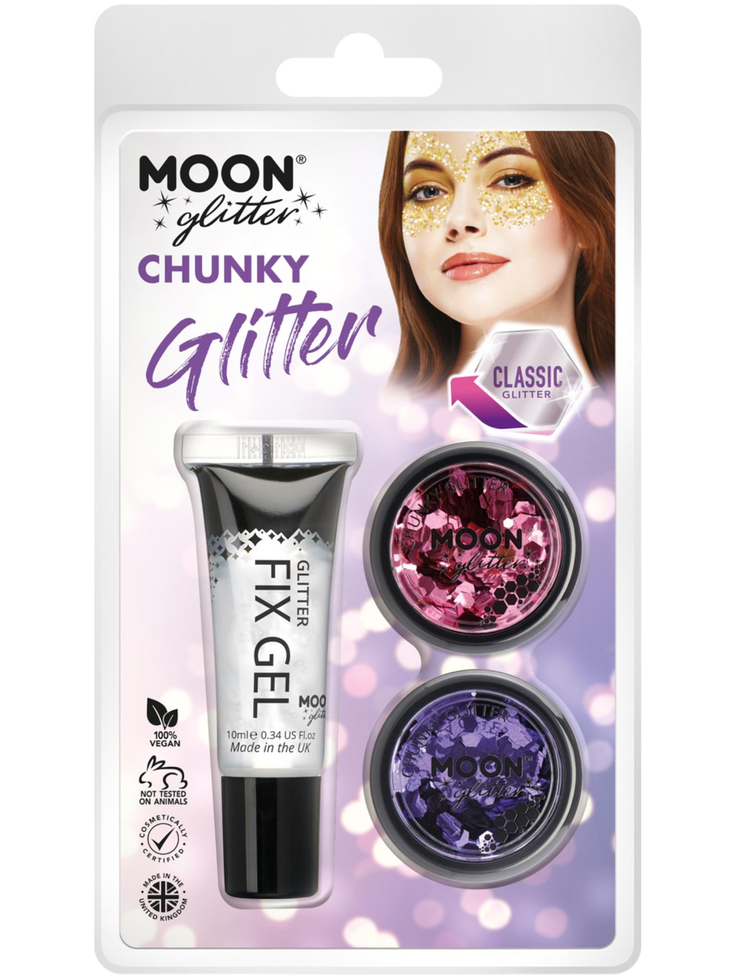 Smiffys Moon Glitter Classic Chunky Glitter Pink Lavender mit Fix Gel